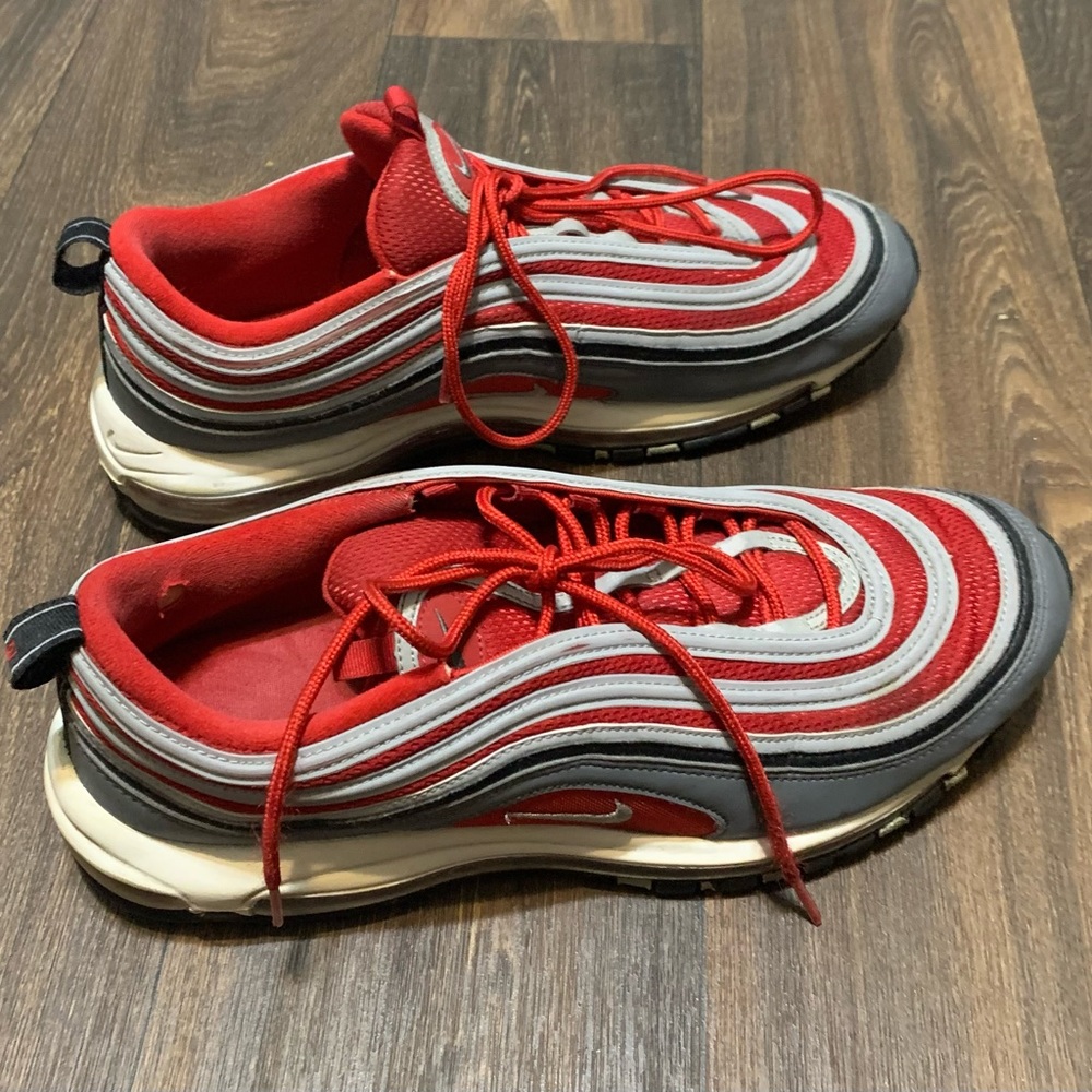 Nike Air Max 97 Gym Red w/ Dark Grey, Wolf Grey, White, and Black, Size 14